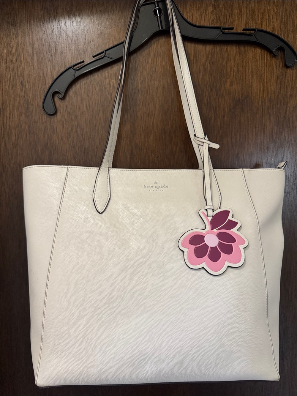 NWOT Kate Spade Cream Leather Tote with Pink Floral Charm